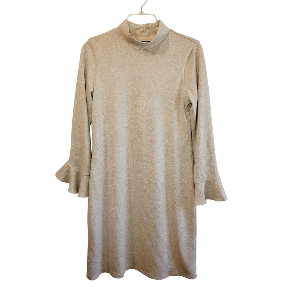 White House Black Market Metallic Mock Neck Flounce Sleeve Dress Champagne Small
